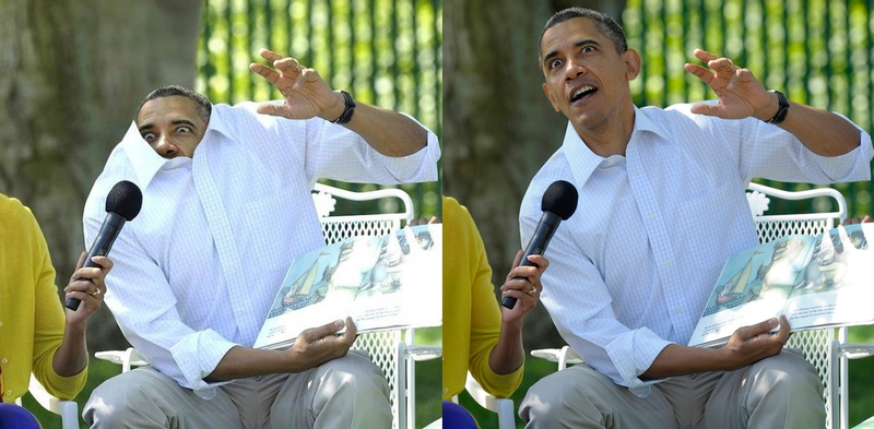 Side by side comparison of the photoshopped image and the original 2012 photo of Barack Obama